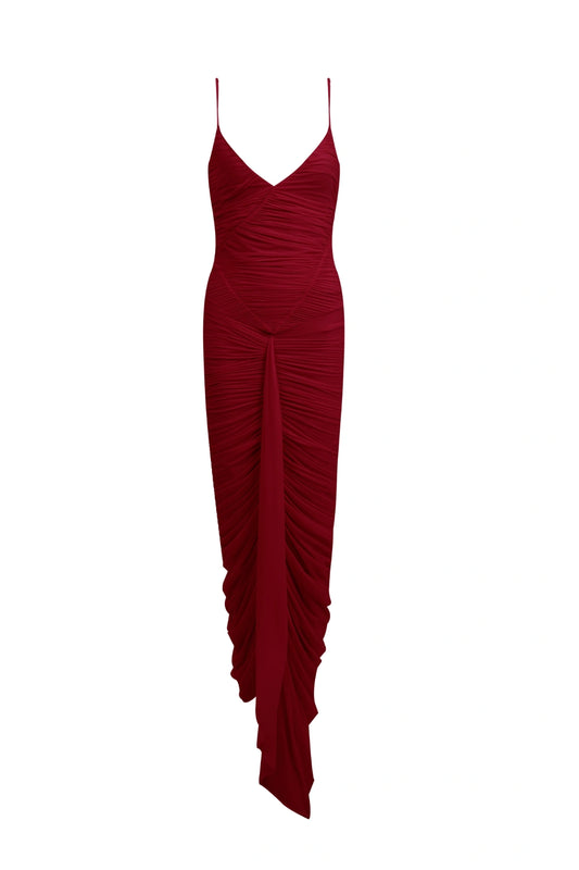 Mater Long Dress by Maygel Coronel, ruched maxi dress with draped panels, sash detail and internal bodysuit.