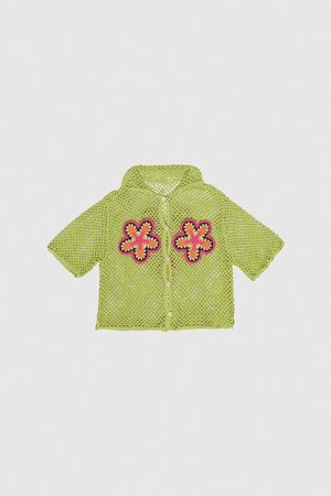 Elke Crochet Shirt Lime by The Wolf Gang, handwoven cotton shirt with floral crochet detail, artisan-made in Bali for an elevated resort look.