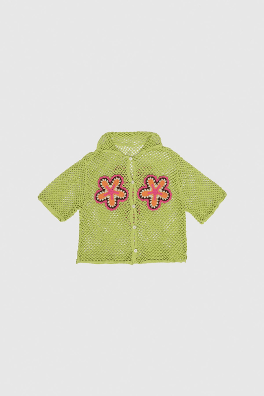 Elke Crochet Shirt Lime by The Wolf Gang, handwoven cotton shirt with floral crochet detail, artisan-made in Bali for an elevated resort look.