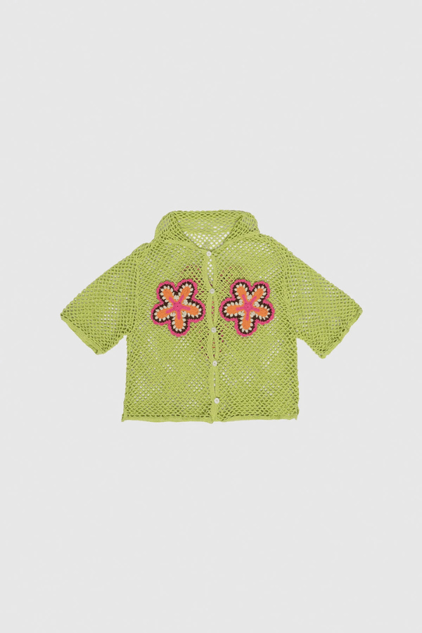Elke Crochet Shirt Lime by The Wolf Gang, handwoven cotton shirt with floral crochet detail, artisan-made in Bali for an elevated resort look.