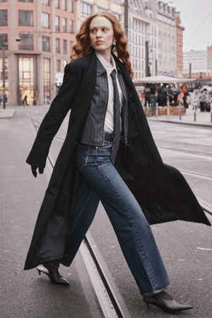 Eva Wide Memphis by Summi Summi, trendy mid-rise pants with a flattering A-line, wide-leg fit. Perfect for effortless movement and elongating the frame with signature repair stitch and fob ring detailing.