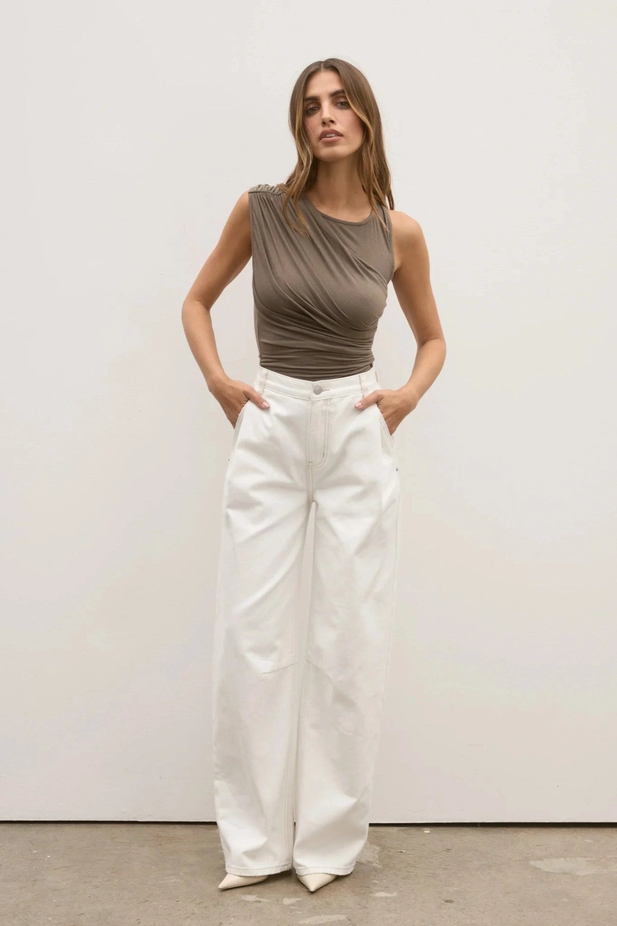 Dove Top in Mink by Bayse, sculptural one-shoulder jersey top with asymmetric draping and gathered detailing for an elegant feminine fit.