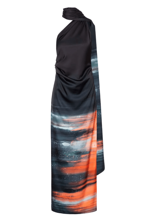 Ari Dress Tigre by Baobab – A bold, elegant one-shoulder maxi with ruched texture and scarf accent, perfect for making a trendy statement at evening events.