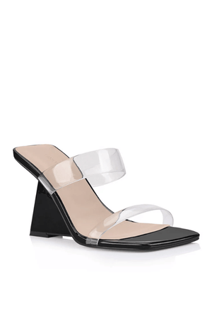 Brooke Wedge Black Patent by Lana Wilkinson – Sculptural black patent leather sandal with clear vinylite straps, high 10cm wedge heel, and feminine square toe.