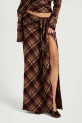Ramona Maxi Skirt Plum Check by Benni, tartan maxi skirt with leg split, perfect for elevated evening styling