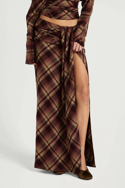 Ramona Maxi Skirt Plum Check by Benni, tartan maxi skirt with leg split, perfect for elevated evening styling
