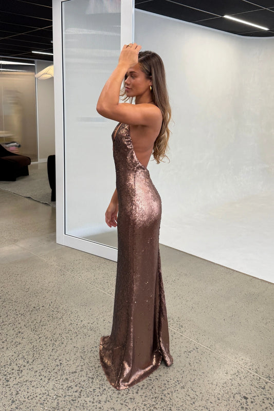 The Plunge Sequin Jersey Maxi Dress Mocha