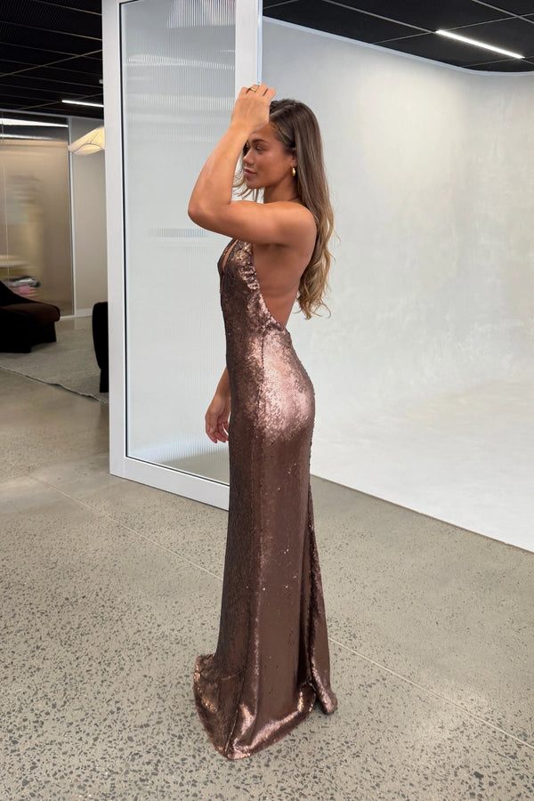 The Plunge Sequin Jersey Maxi Dress Mocha
