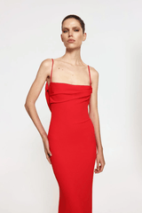 Havilland Gown Cherry Red by Effie Kats – A trendy, fitted gown with delicate ruching and a draped low back, crafted from stretch crepe for elegant special occasions.