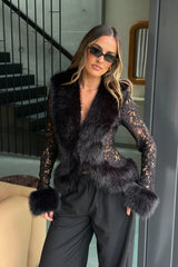 Ella Squire Lace Fur Trim Top Black