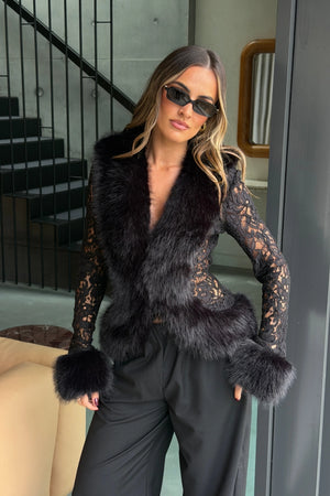 Ella Squire Lace Fur Trim Top Black