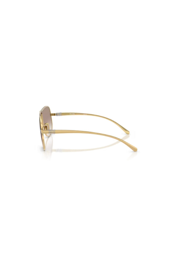 Miu Miu MU A56S Gold Clear Gradient Brown – rectangular metal sunglasses with narrow fit and gradient polyamide lenses.
