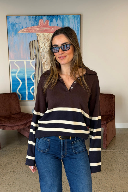 New Aroa Top Chocolate Stripe by Onte – relaxed striped polo knit in soft cotton Tencel blend with snap buttons.