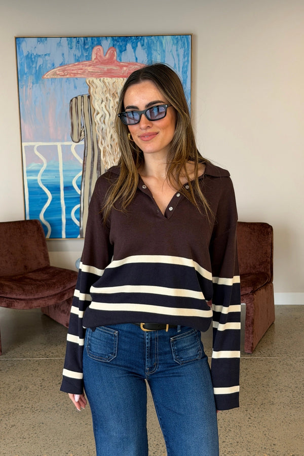 New Aroa Top Chocolate Stripe by Onte – relaxed striped polo knit in soft cotton Tencel blend with snap buttons.