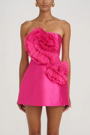 Lychee Dress by Eliya The Label – A bold magenta mini with elegant ruffles and seamless zipper, perfect for trendy summer soirées and tropical getaways.