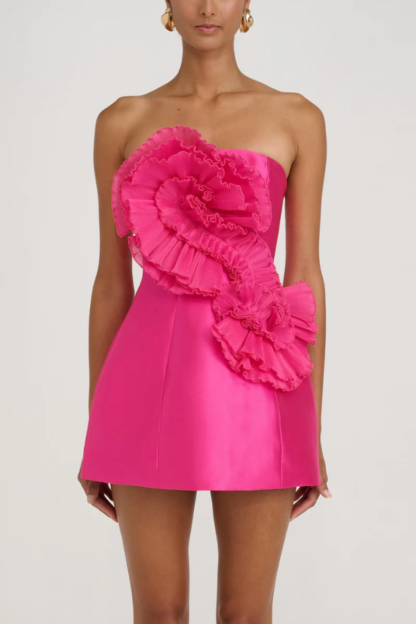 Lychee Dress by Eliya The Label – A bold magenta mini with elegant ruffles and seamless zipper, perfect for trendy summer soirées and tropical getaways.