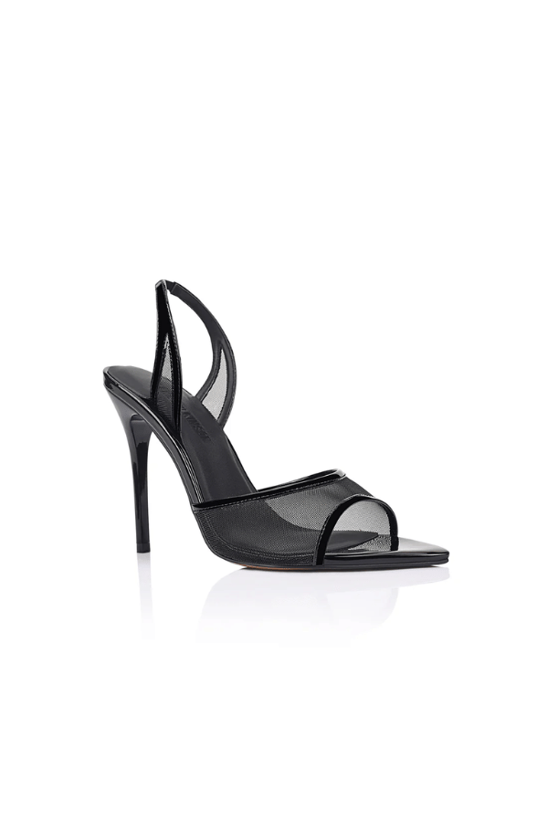 Maddison Sandal Black Mesh & Patent Leather by Lana Wilkinson, sheer slingback heel with glossy trim for bold and elegant evening looks.