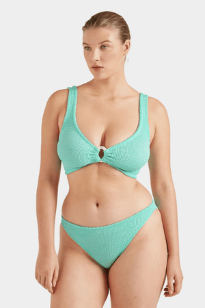 Julia Bikini Pearly Hoop Metallic Mint by Hunza G – Signature crinkle bikini with luxe pearly hoops and sculpting fit