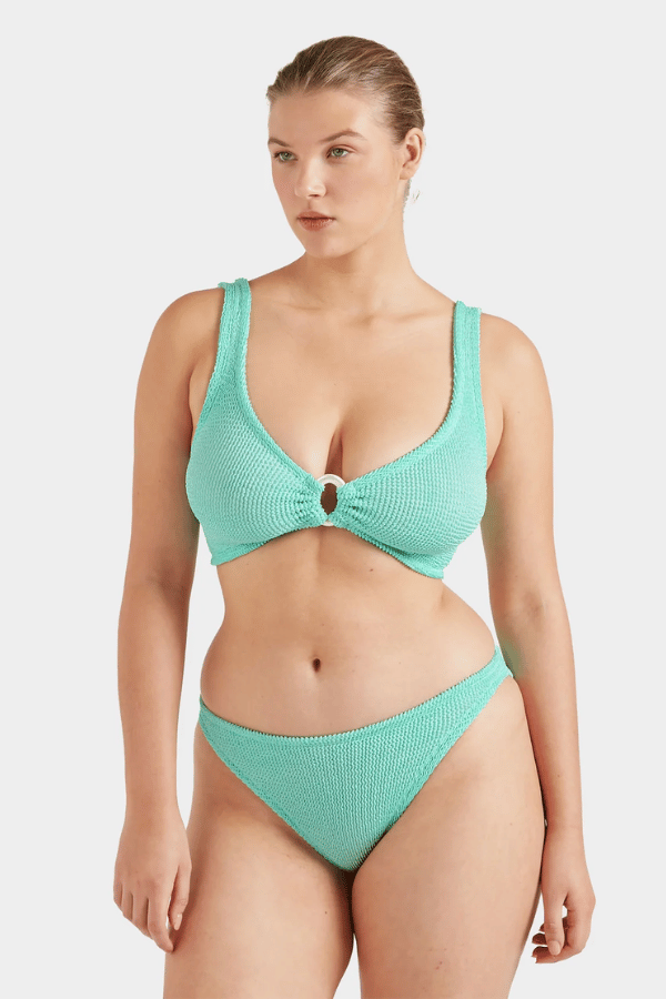 Julia Bikini Pearly Hoop Metallic Mint by Hunza G – Signature crinkle bikini with luxe pearly hoops and sculpting fit