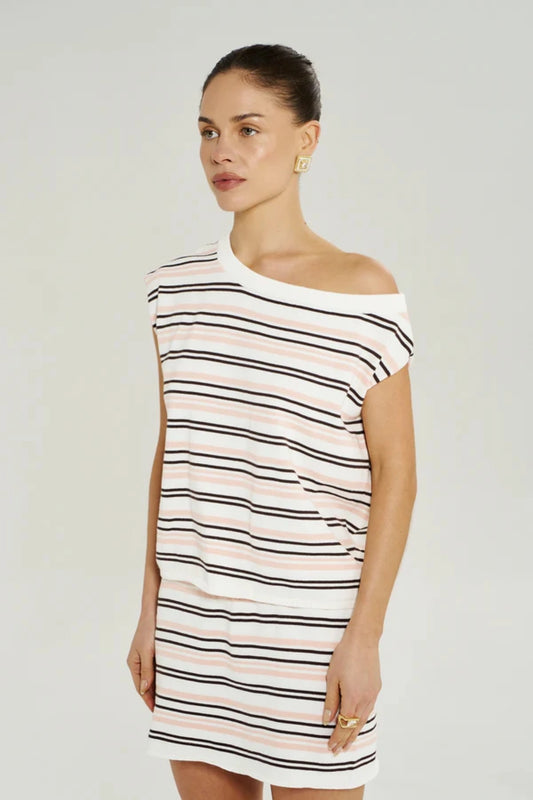 Knit Off Shoulder Top in Dusty Rose Stripe by Summi Summi, a relaxed cotton knit top with an asymmetrical off-shoulder design.