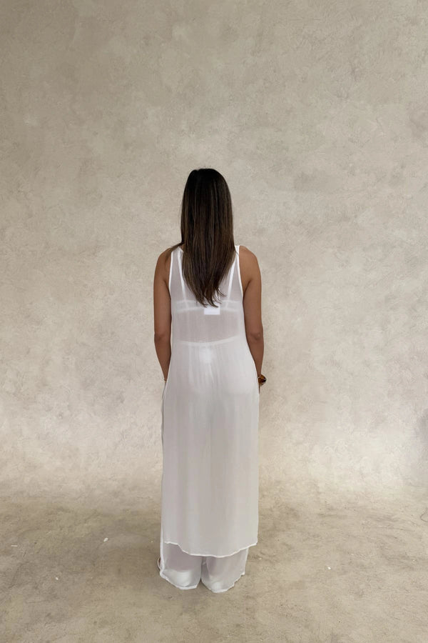 Sheer Tunic Dress White by Sneaky Link, a sheer viscose tunic with fluid drape and relaxed fit, perfect for layering on vacation or events