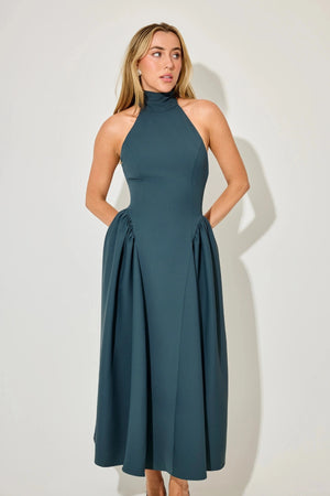 The Ultimate Muse High Neck Gathered Detail Midi Dress Teal