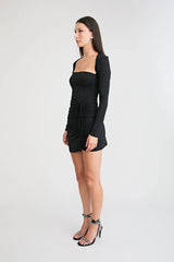 1983 Mini Dress Black by Pfeiffer, square neck mini dress with ruching, perfect for day to night styling