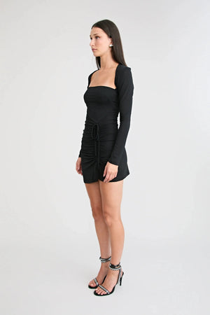 1983 Mini Dress Black by Pfeiffer, square neck mini dress with ruching, perfect for day to night styling