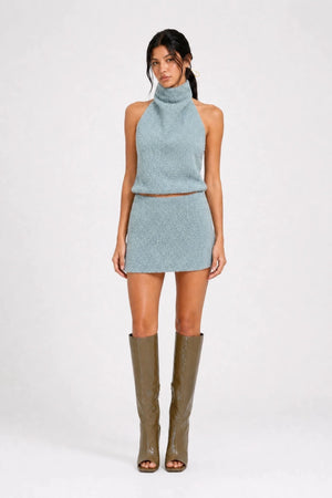 Miya Micro Skort Smokey Teal by Benni – textured boucle micro skort with built in shorts and tailored fit.