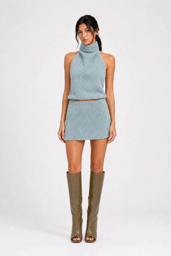 Miya Micro Skort Smokey Teal by Benni – textured boucle micro skort with built in shorts and tailored fit.