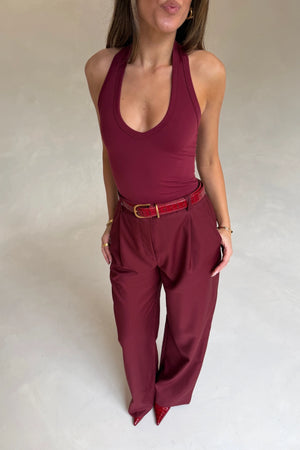 Alexa Tailored Suit Pant Burgundy by Sneaky Link, wide leg tailored pants for polished office or evening looks