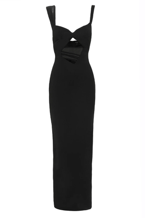 Madeleine Dress Black by Tojhà – A viral double-bonded crepe maxi with asymmetric straps, curved cut-out, and layered mesh, perfect for elegant evening events.