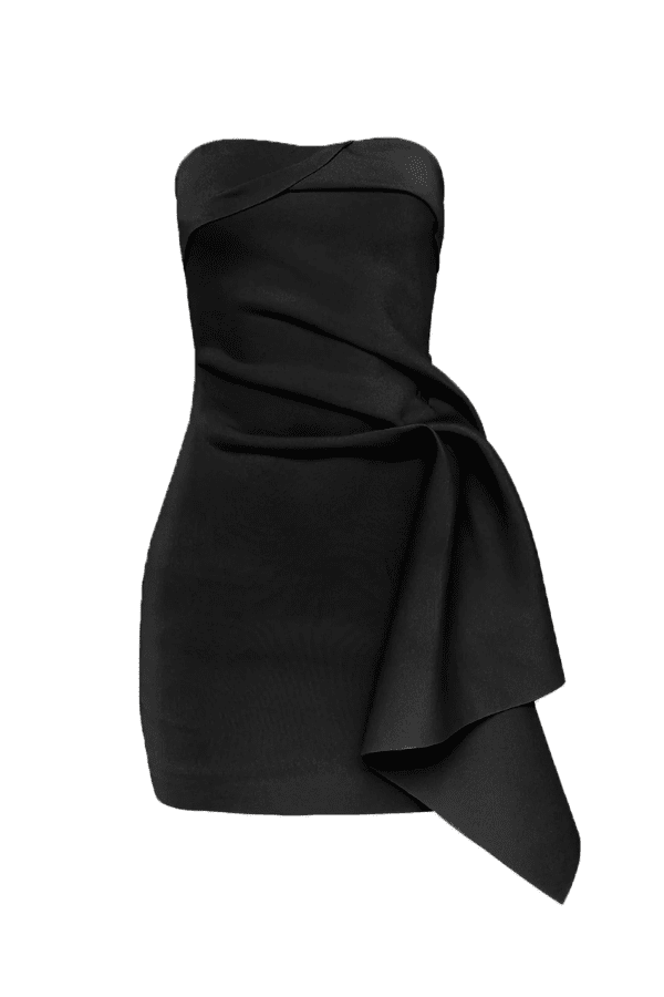 Nevie Dress Black by Tojhà – A trendy mini gown in light neoprene with waterfall drape and fixed fold details, perfect for chic, modern events.