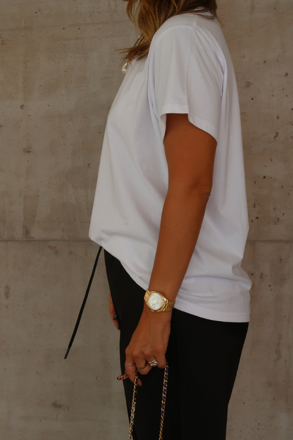 White Tee by Sneaky Link – Trendy loose-fit 100% cotton classic white tee, perfect as a versatile staple for every capsule wardrobe and casual style.