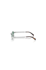 Miu Miu sunglasses with metal frame and green lenses, narrow rectangular shape with retro-inspired bridge detail.