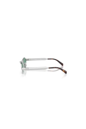 Miu Miu sunglasses with metal frame and green lenses, narrow rectangular shape with retro-inspired bridge detail.