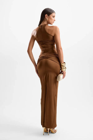 Hevea Halo Maxi Dress Pearl by Cin Cin – elegant column silhouette with ruched hip and bust panels, perfect for modern evening glamour.
