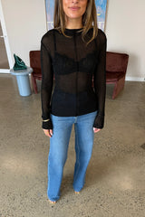 Fine Knit Sheer Long Sleeve Top Black by Sneaky Link, lightweight sheer knit with exposed centre stitch detail.