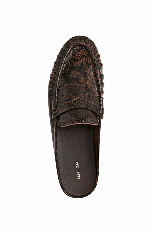 Ivy Choc Snake by Alias Mae, backless leather loafers with a chic chocolate snake texture, blending polish and modern ease.