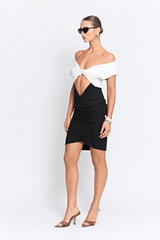 Mini Ramos Dress Two Tone by Pfeiffer – A soft, stretchy, ruched mini with double ties and a flattering fit, perfect for date nights or rooftop drinks.