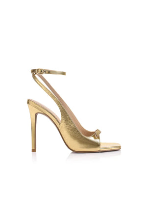 Goldie Sandal Gold Metallic Leather by Lana Wilkinson, metallic stiletto sandal, perfect for glamorous evening and event styling