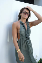 NEW Artemis Dress Khaki by D'Artemide – Cotton halter dress with fringe, low back, front split, and cold hand wash. 