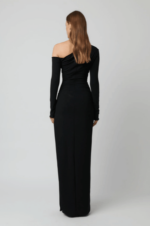 Effie Kats Cayley Gown, an off-shoulder stretch crepe gown with a sleek silhouette and side split for timeless evening elegance.