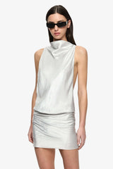Juna High Neck Mini Dress Silver by BEC + BRIDGE, crinkle satin mini dress with funnel neckline and racerback silhouette.
