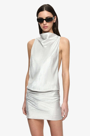 Juna High Neck Mini Dress Silver by BEC + BRIDGE, crinkle satin mini dress with funnel neckline and racerback silhouette.