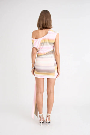 Elara Reversible Dress by Pfeiffer — peach printed mini dress with three-way reversible design and dramatic hem tie detail.