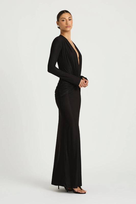 Zuri Maxi Dress Black by Benni, plunge neckline maxi dress with twist detail, perfect for evening or formal styling