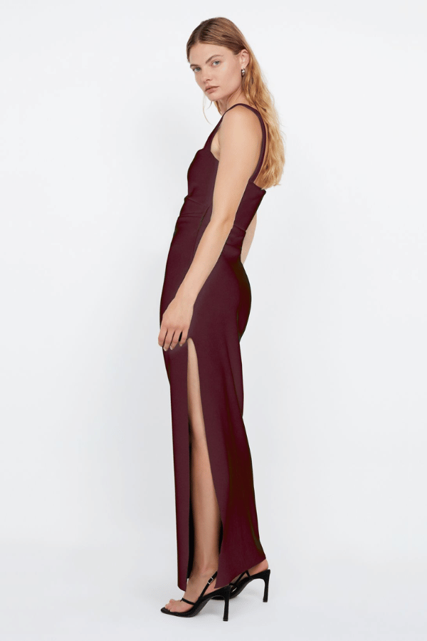 Leora Tuck Maxi Dress Plum by Bec + Bridge – A sleek bonded crepe maxi with elegant waist tucks and a side leg split, perfect for sophisticated evening occasions.