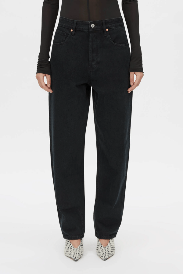 Rhodes 2.0 Denim Jean Inky Black by Camilla and Marc, low-rise tapered fit with logo rivets and patch pockets, perfect for effortless off-duty dressing.