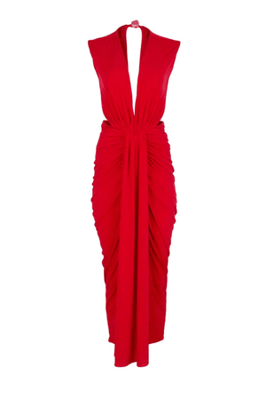 Nia Maxi Dress Orange Red by Baobab – A trendy, elegant maxi with deep V-neck, open back, ruched accents, and flowing slit. Perfect for bold, special moments.